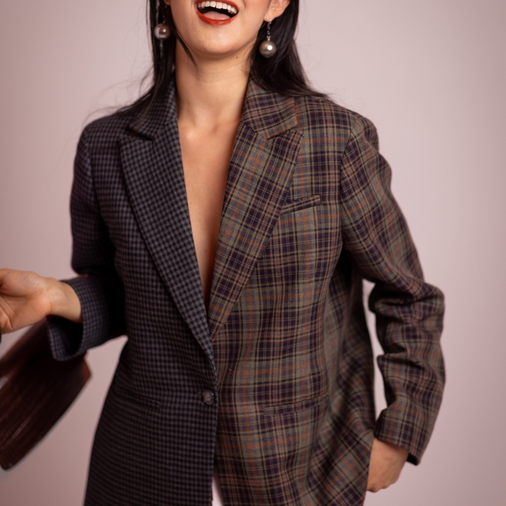 Contrast two-tone plaid check blazer cropped pant set
